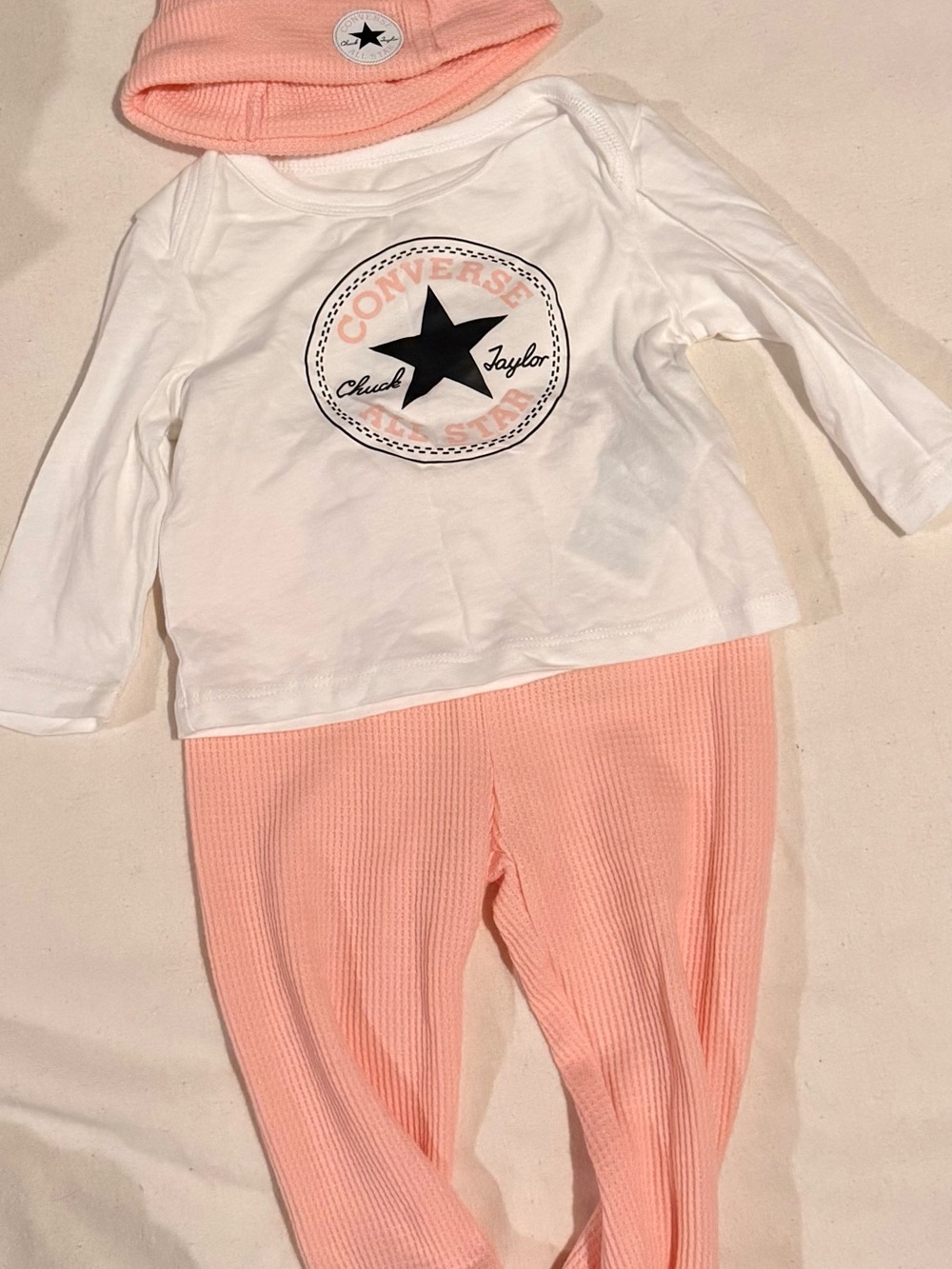 Converse White Top with Pink Ribbed Pants & Beanie Pajama Set